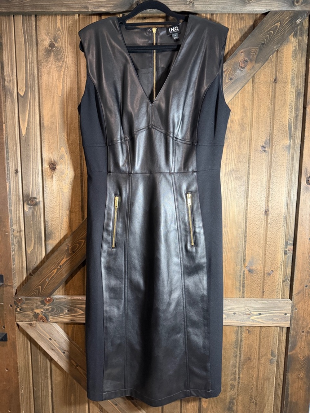 INC International Concepts Black Faux Leather V-Neck Midi Dress
